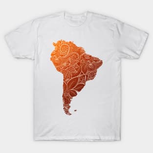 Colorful mandala art map of South America with text in brown and orange T-Shirt